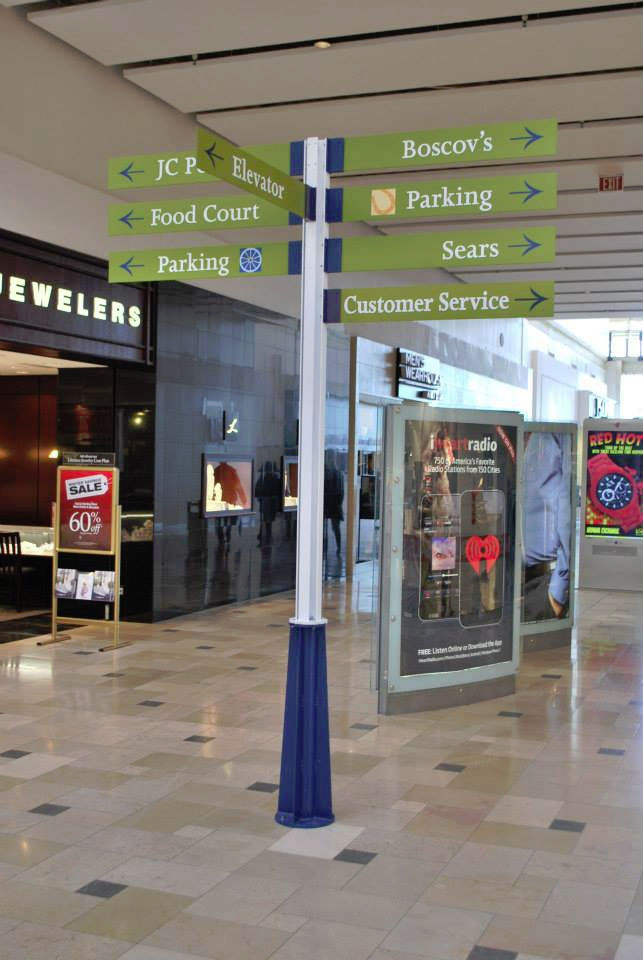 A directional sign inside a shopping mall.